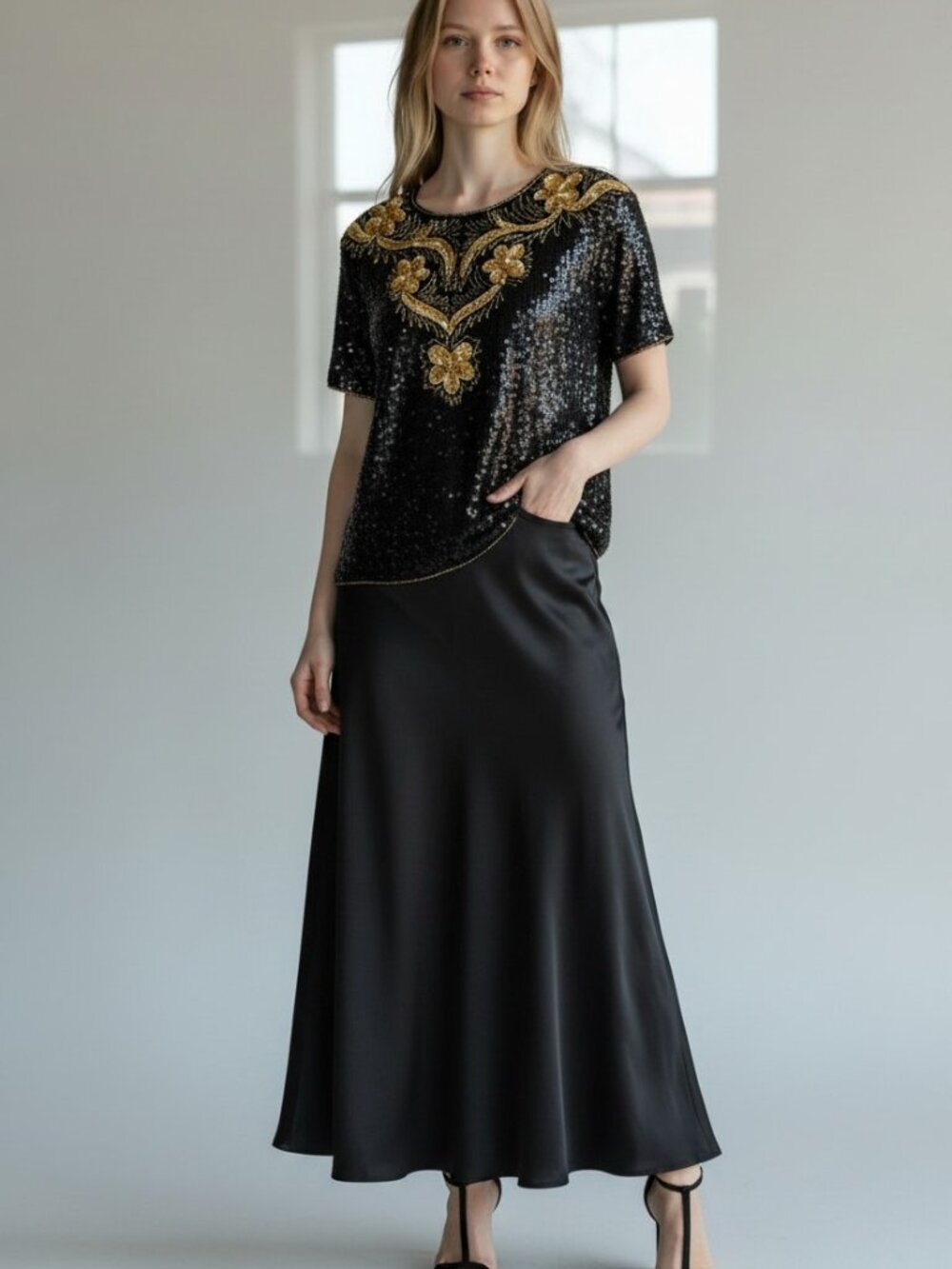 Vintage Joseph Le Bon Black Gold Sequin Short Sleeve Party Top Medium